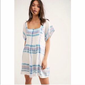 Free People Barcelona Shimmer Metallic Plaid Mini Dress in White Blue Size S